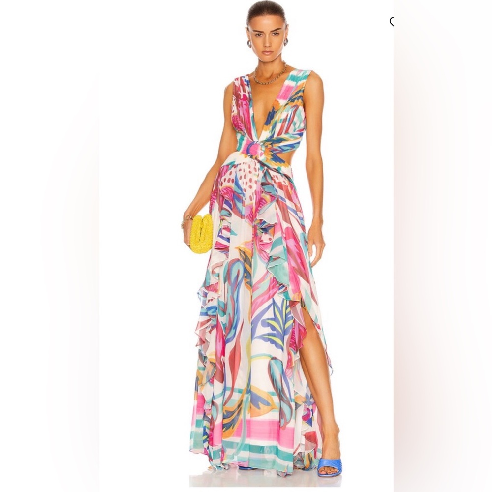 PatBO Vibrant Tropical-Print Plunging Backless Maxi Dress